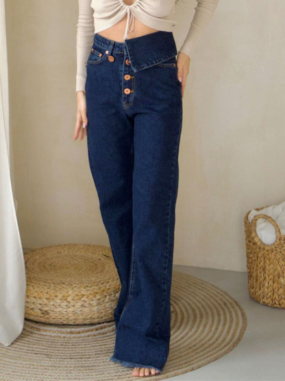 Wide Leg Pants High-Waisted Buttons Zipper Fly Trousers In Blue