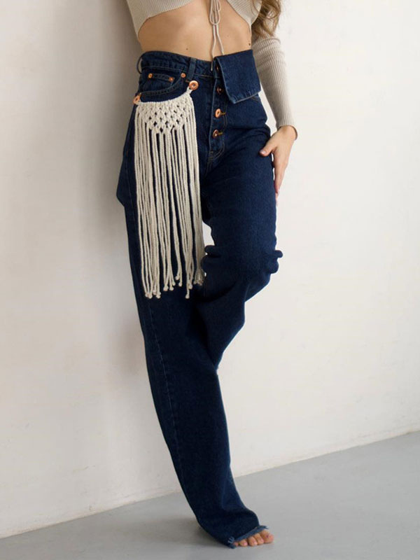 Wide Leg Pants High-Waisted Buttons Zipper Fly Trousers In Blue