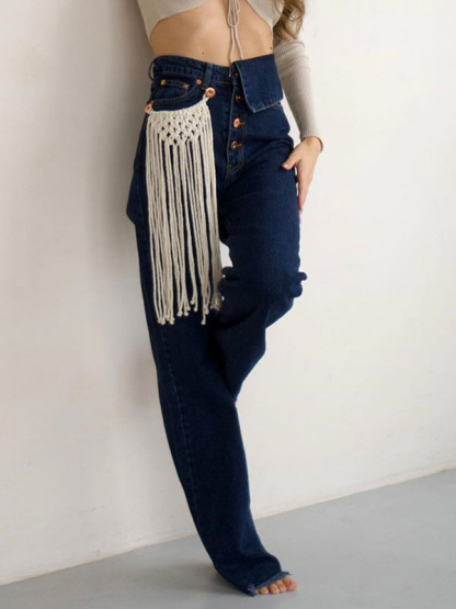 Wide Leg Pants High-Waisted Buttons Zipper Fly Trousers In Blue