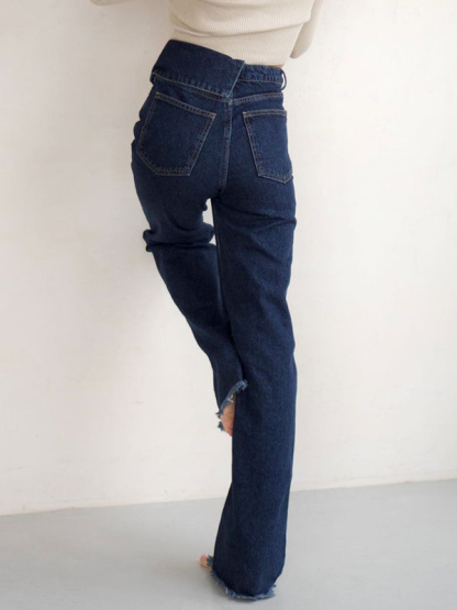 Wide Leg Pants High-Waisted Buttons Zipper Fly Trousers In Blue