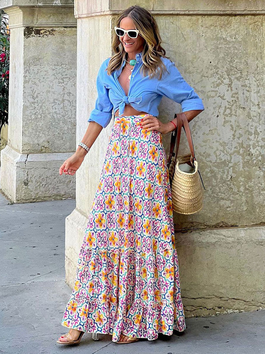 Print Full Skirt High-Waisted Layering Chic Women's Bottom