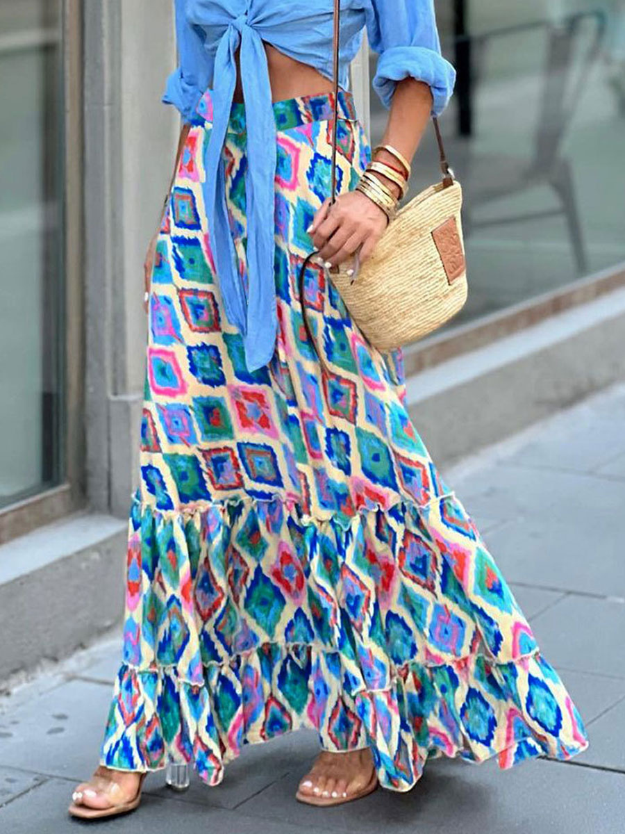 Print Full Skirt High-Waisted Layering Chic Women's Bottom
