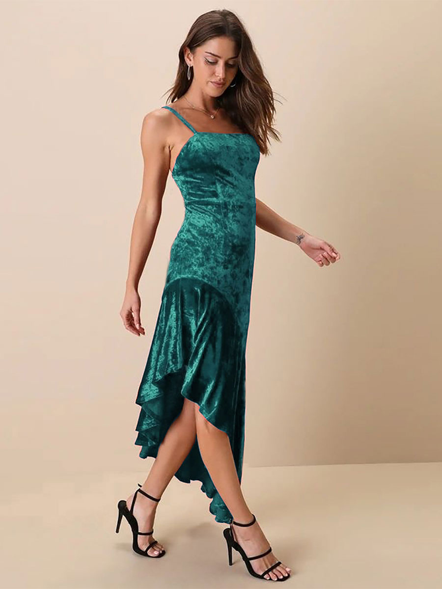 Velvet Dress Adjustable Straps Asymmetrical Ruffles Prom Dresses