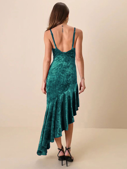 Velvet Dress Adjustable Straps Asymmetrical Ruffles Prom Dresses