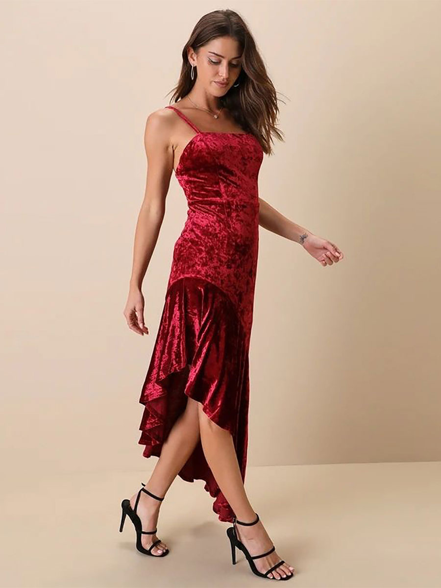 Velvet Dress Adjustable Straps Asymmetrical Ruffles Prom Dresses