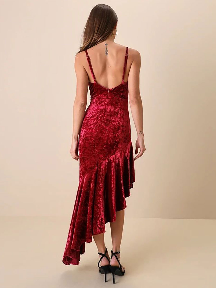 Velvet Dress Adjustable Straps Asymmetrical Ruffles Prom Dresses