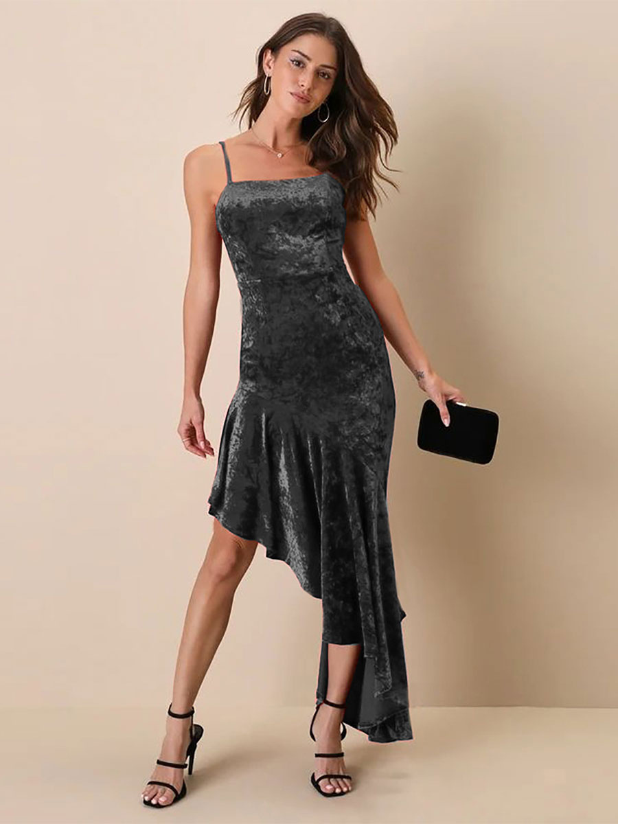 Velvet Dress Adjustable Straps Asymmetrical Ruffles Prom Dresses
