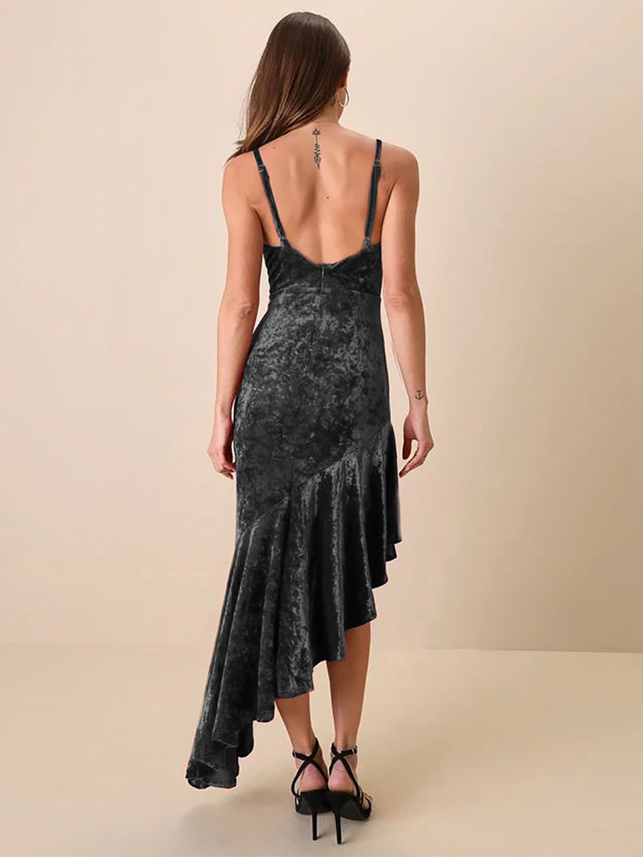 Velvet Dress Adjustable Straps Asymmetrical Ruffles Prom Dresses