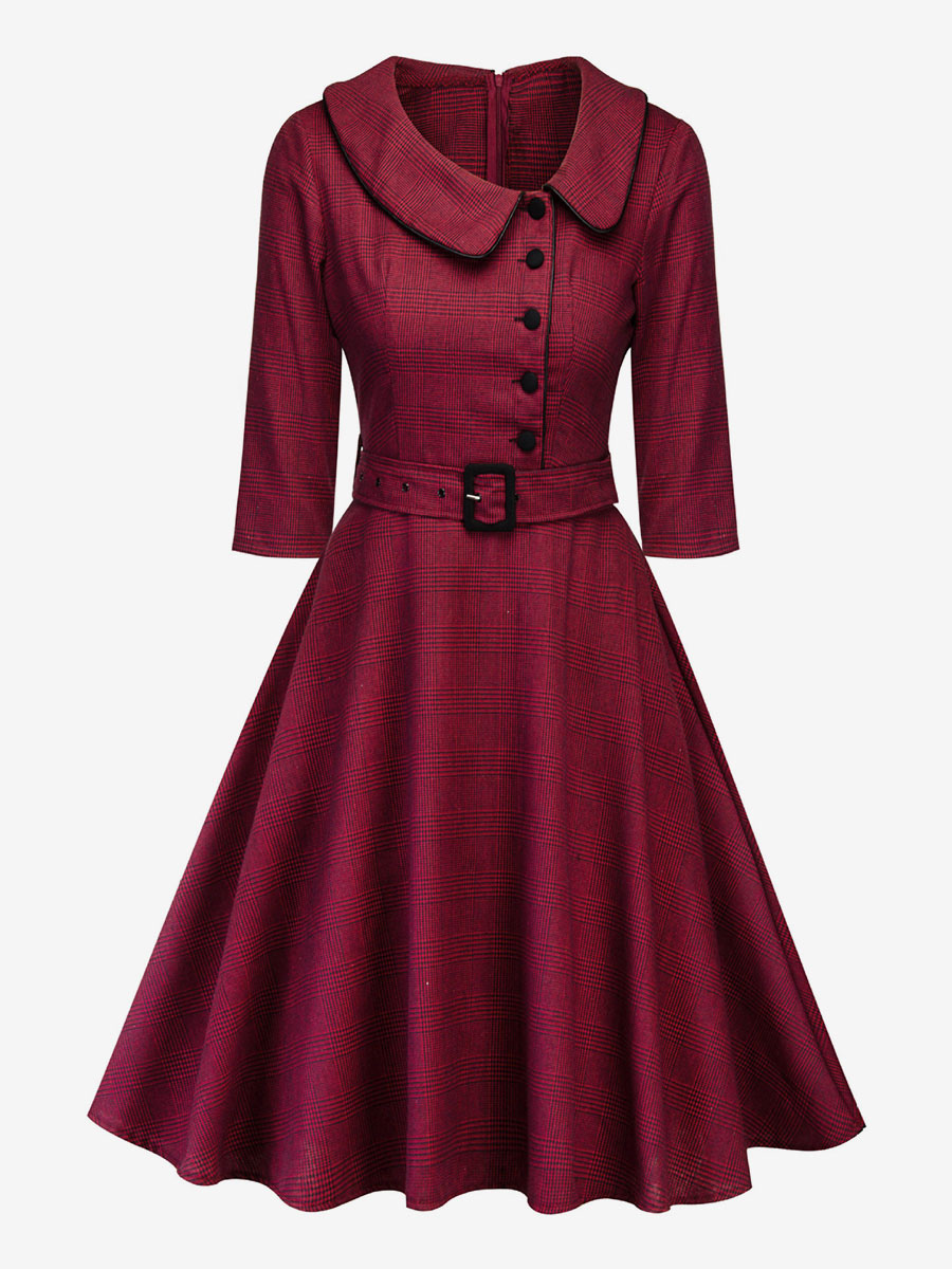 Retro Plaid Dress Irregular Neck Belted Buttons Day Dresses