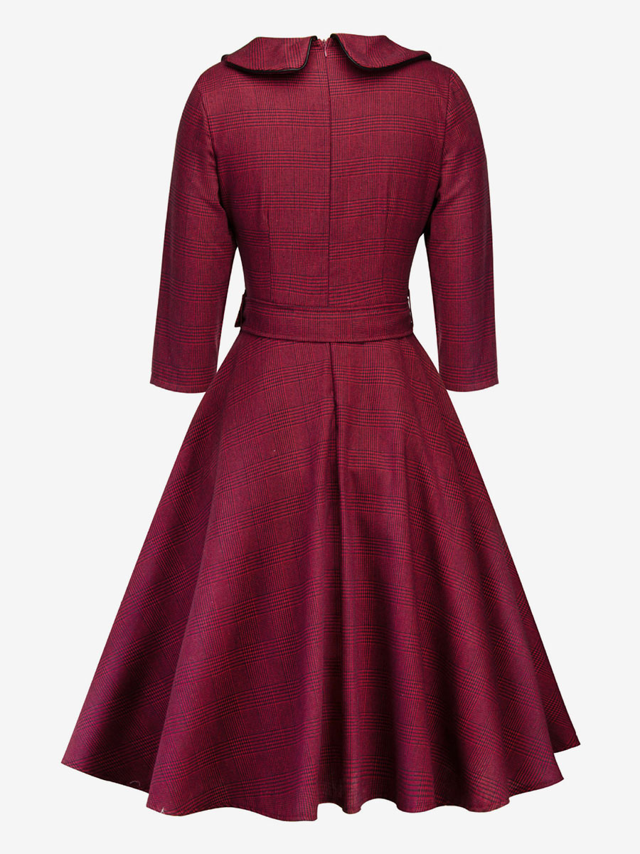 Retro Plaid Dress Irregular Neck Belted Buttons Day Dresses