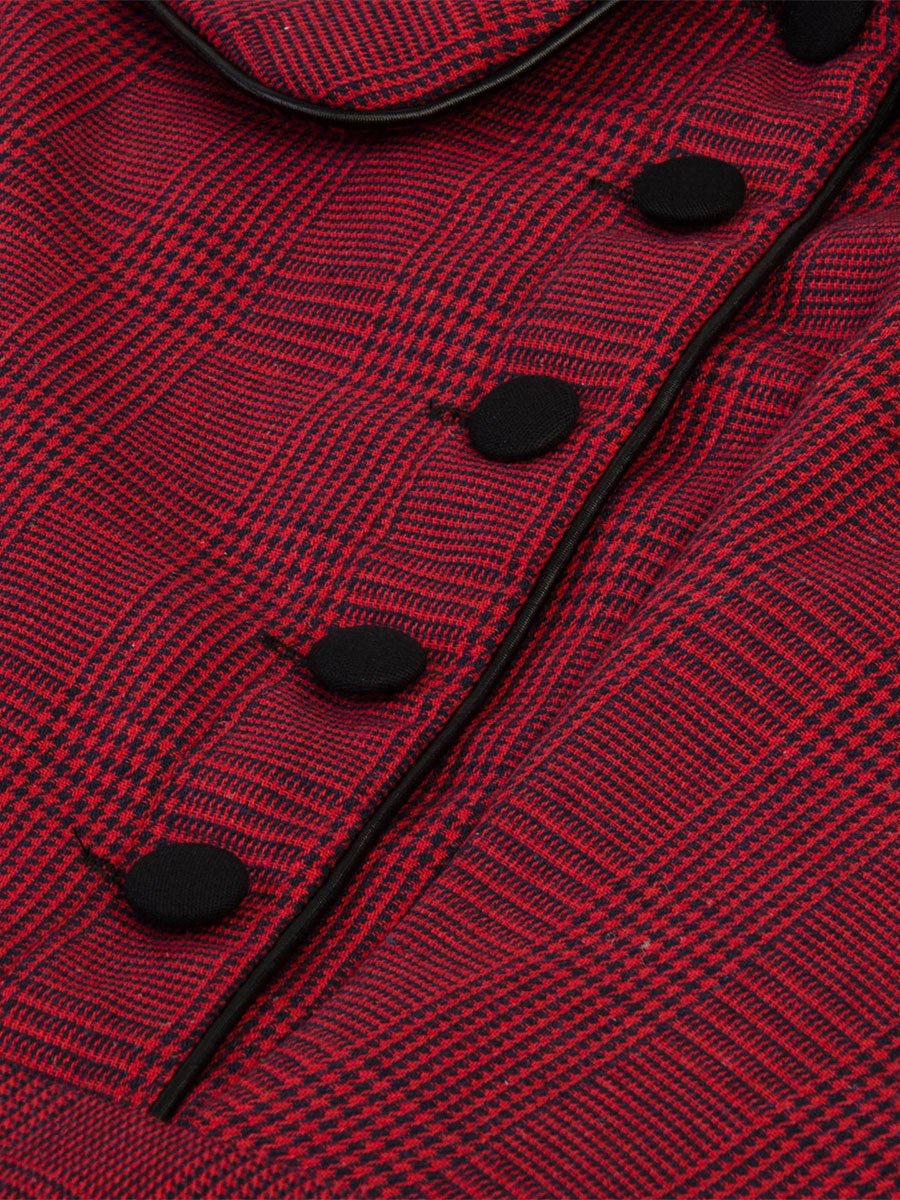 Retro Plaid Dress Irregular Neck Belted Buttons Day Dresses