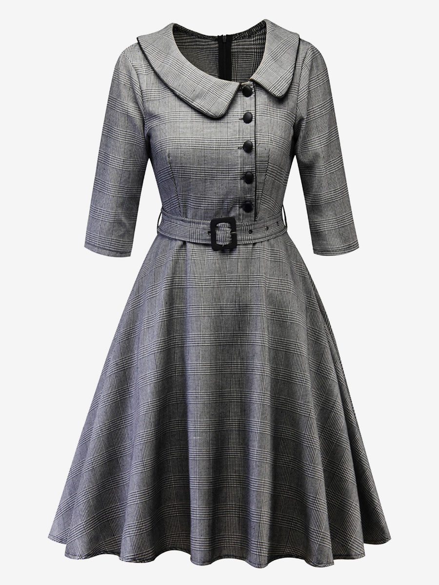 Retro Plaid Dress Irregular Neck Belted Buttons Day Dresses