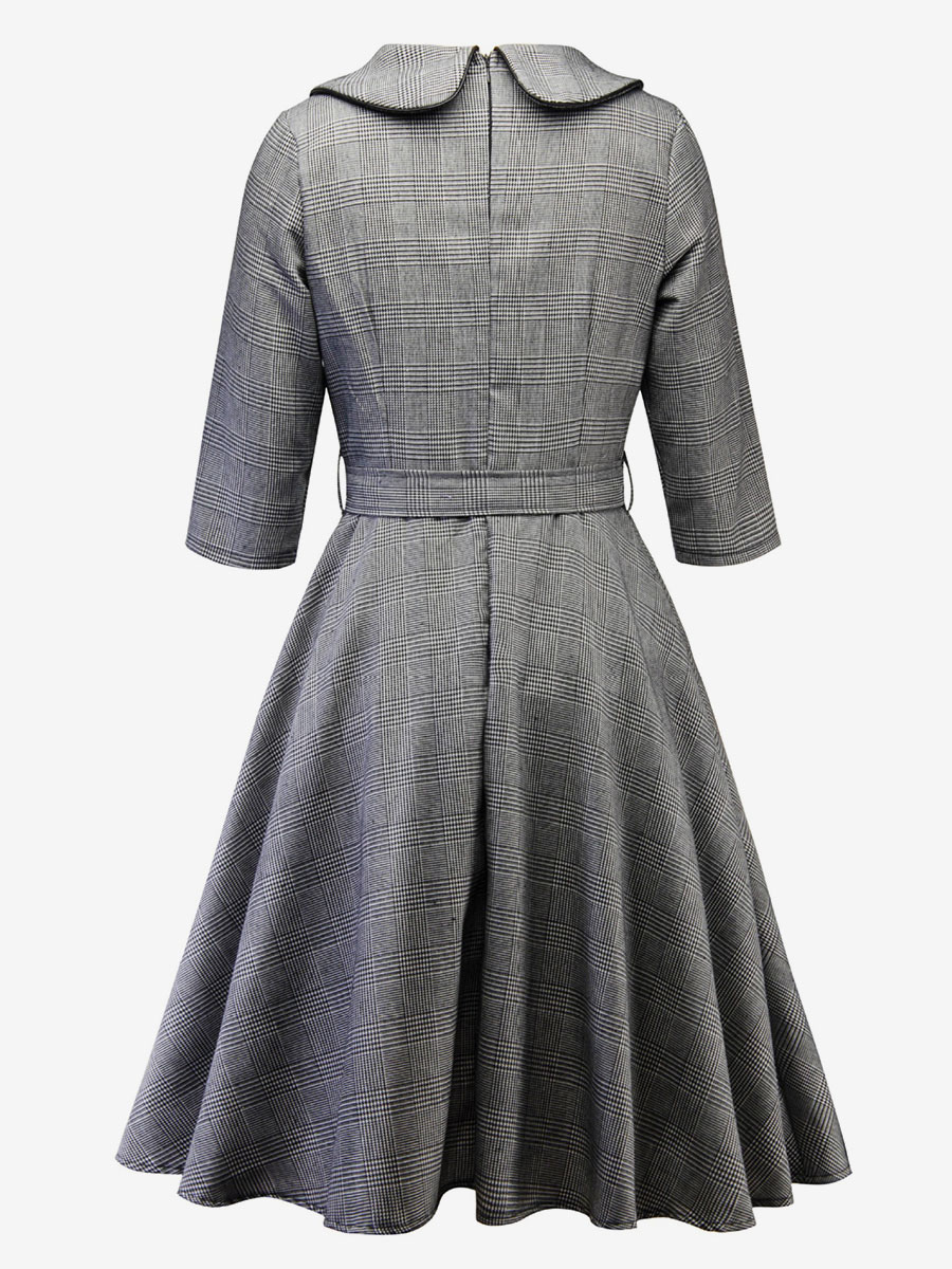 Retro Plaid Dress Irregular Neck Belted Buttons Day Dresses