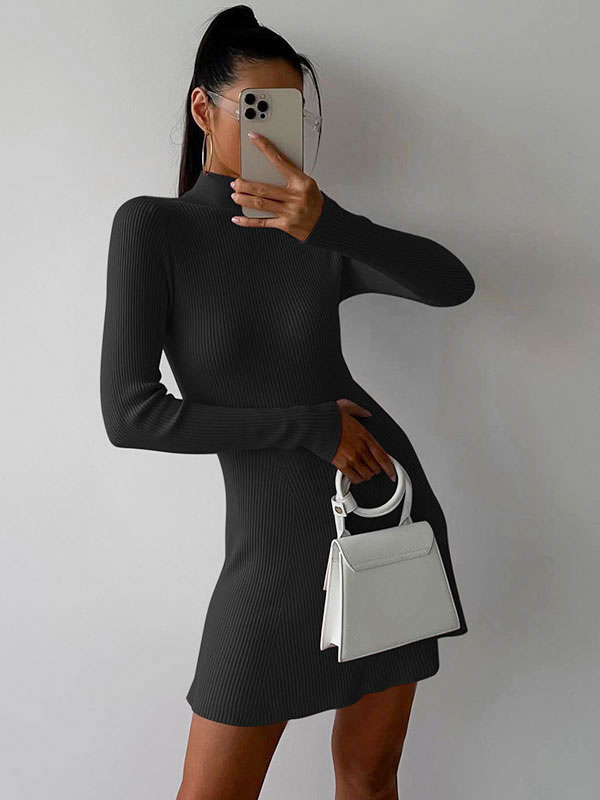 Knitted Dress Mock Neck Long Sleeves Silhouette Sweater Dresses