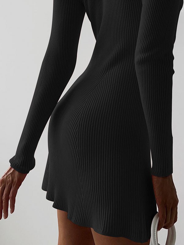 Knitted Dress Mock Neck Long Sleeves Silhouette Sweater Dresses