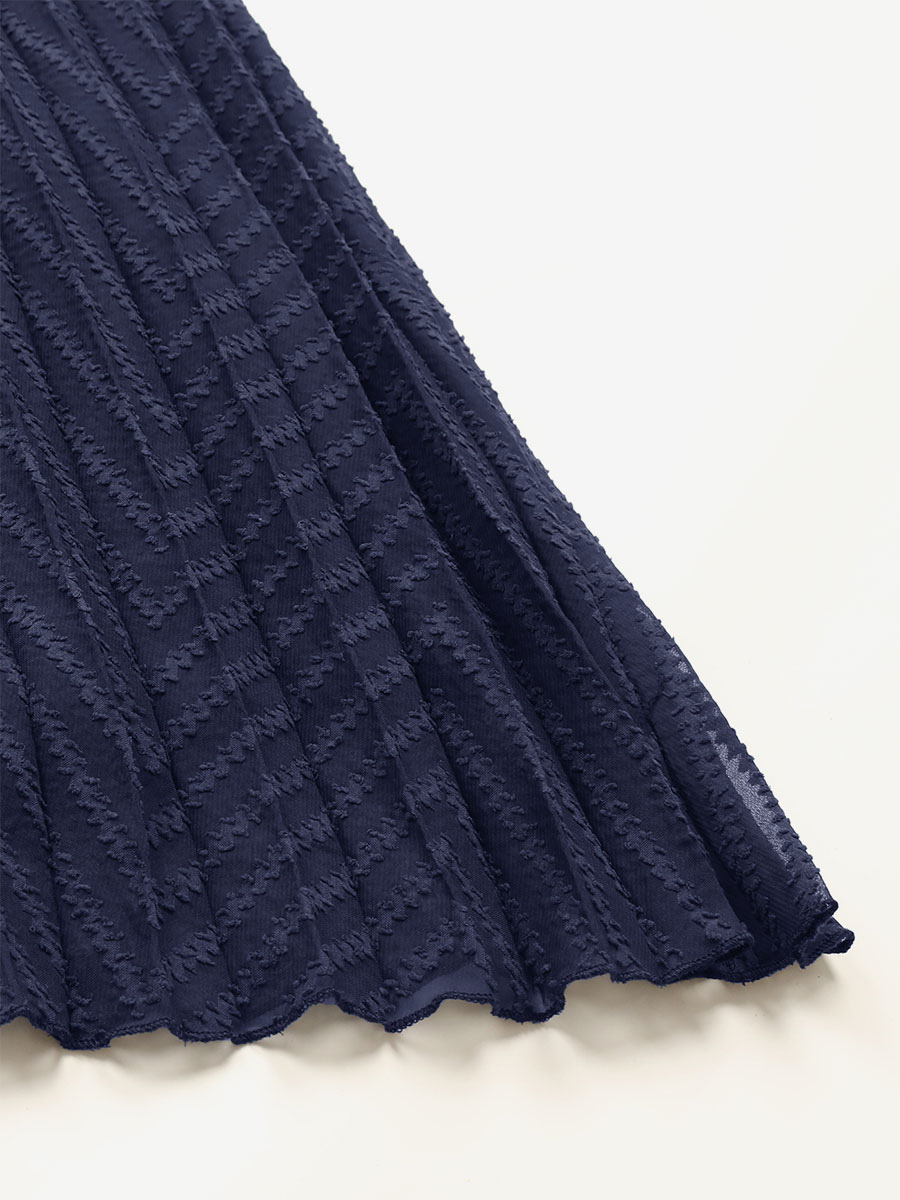 V-Neck Dress Long Sleeves Pleated Zipper Flared Midi Dress