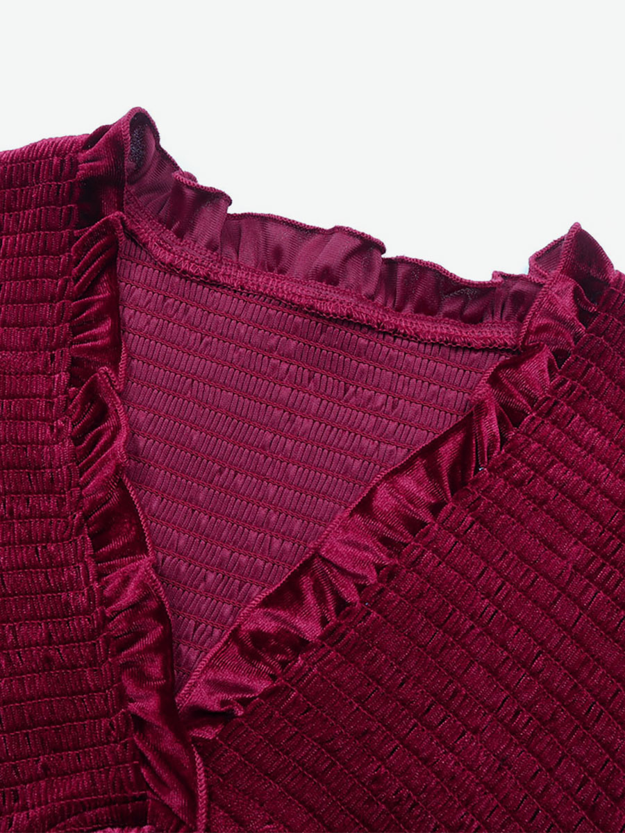 Velvet Dress V-Neck Long Sleeves Ruffles Trim A-Line Day Dresses