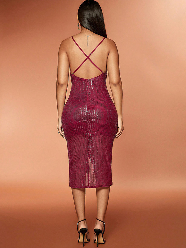 V-Neck Bodycon Dress Spaghetti Straps Backless Slit Party Dresses