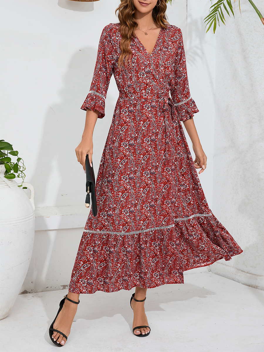 Floral Maxi Dress V-Neck 3/4 Length Sleeves Slit Day Dresses