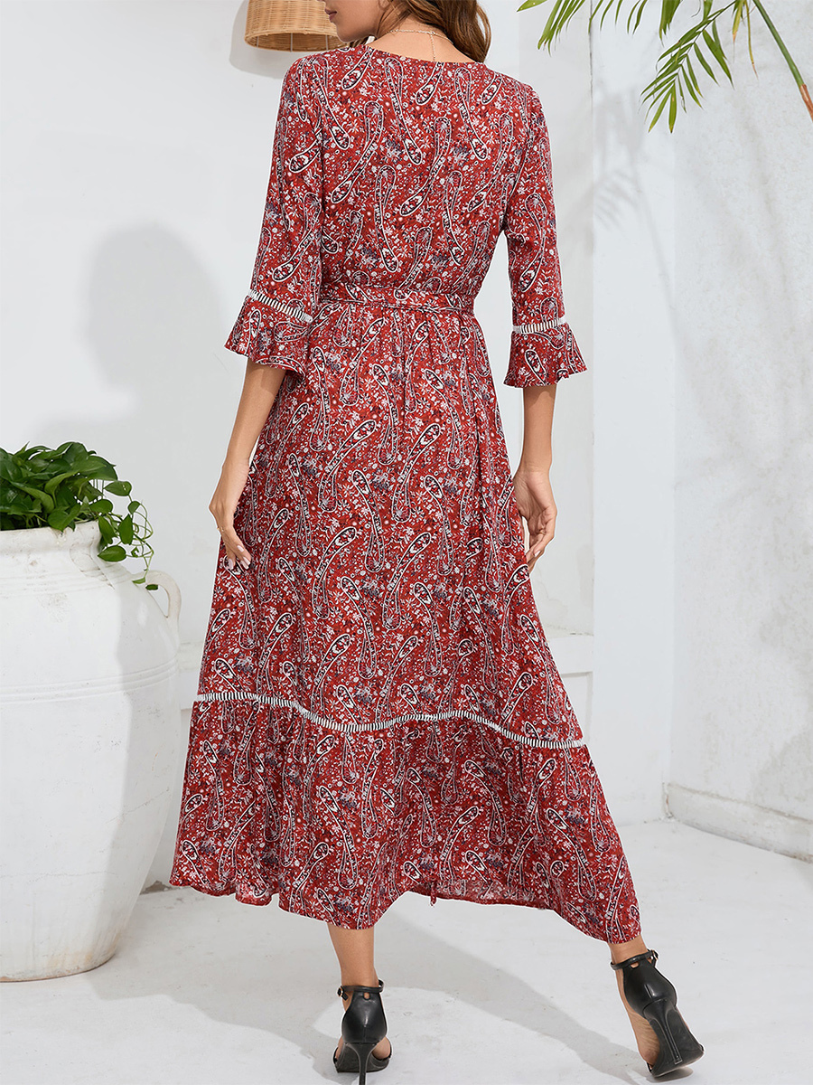 Floral Maxi Dress V-Neck 3/4 Length Sleeves Slit Day Dresses