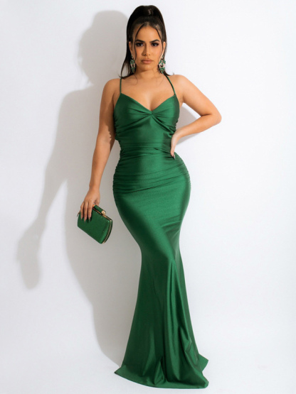 Spaghetti Straps Party Dress Backless Pleated Mermaid Dresses