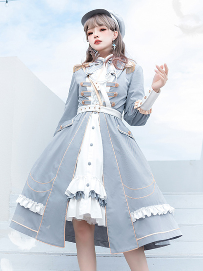 Military Lolita Dress Cape Blouse and Hat set Starsea Fantasy Baby Blue cosplay costumes