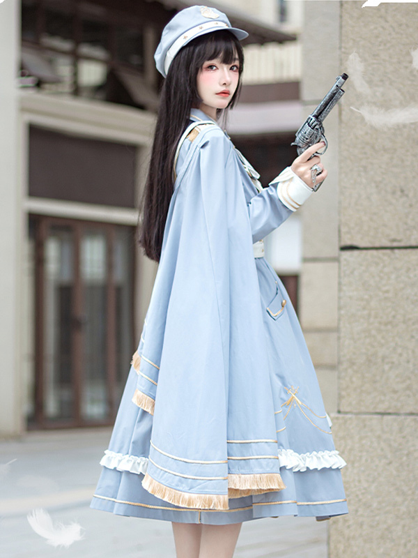 Military Lolita Dress Cape Blouse and Hat set Starsea Fantasy Baby Blue cosplay costumes