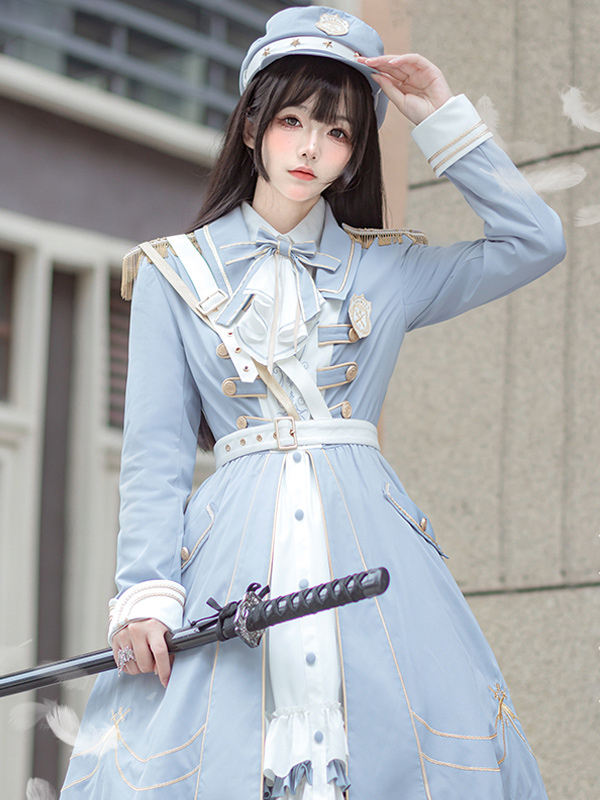 Military Lolita Dress Cape Blouse and Hat set Starsea Fantasy Baby Blue cosplay costumes