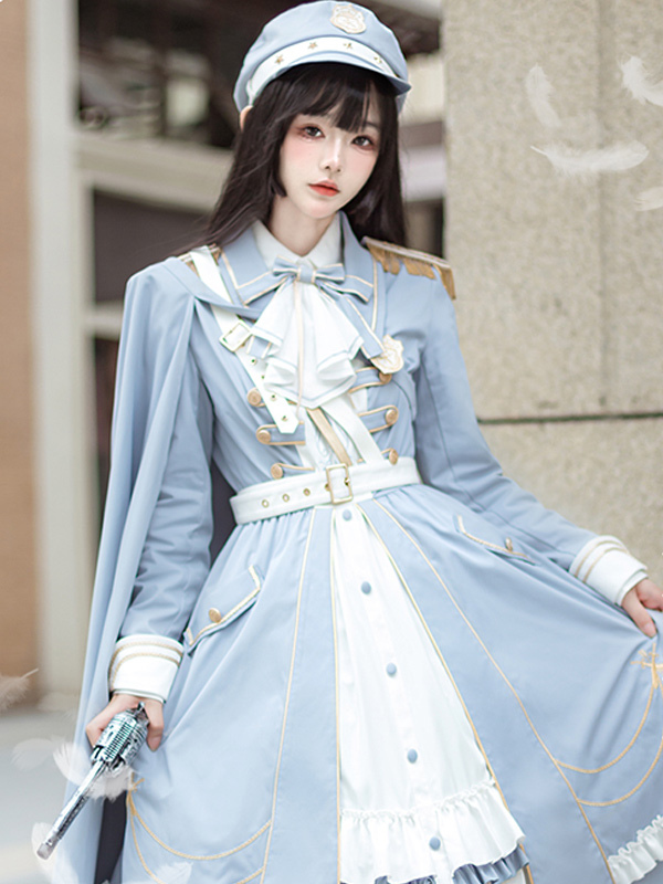Military Lolita Dress Cape Blouse and Hat set Starsea Fantasy Baby Blue cosplay costumes