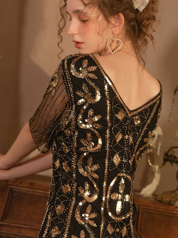Retro Sequins Dress V-Neck Fringe Sheer Prom Dresses