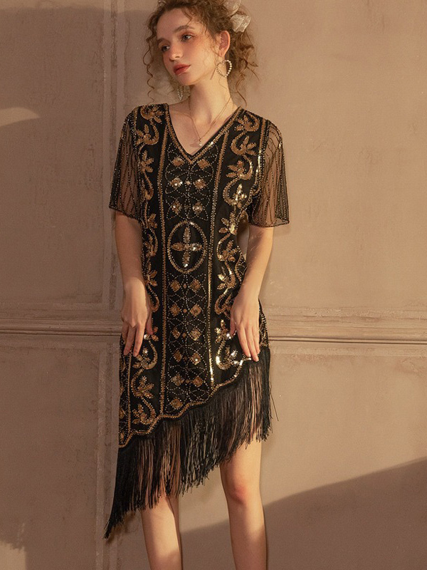 Retro Sequins Dress V-Neck Fringe Sheer Prom Dresses