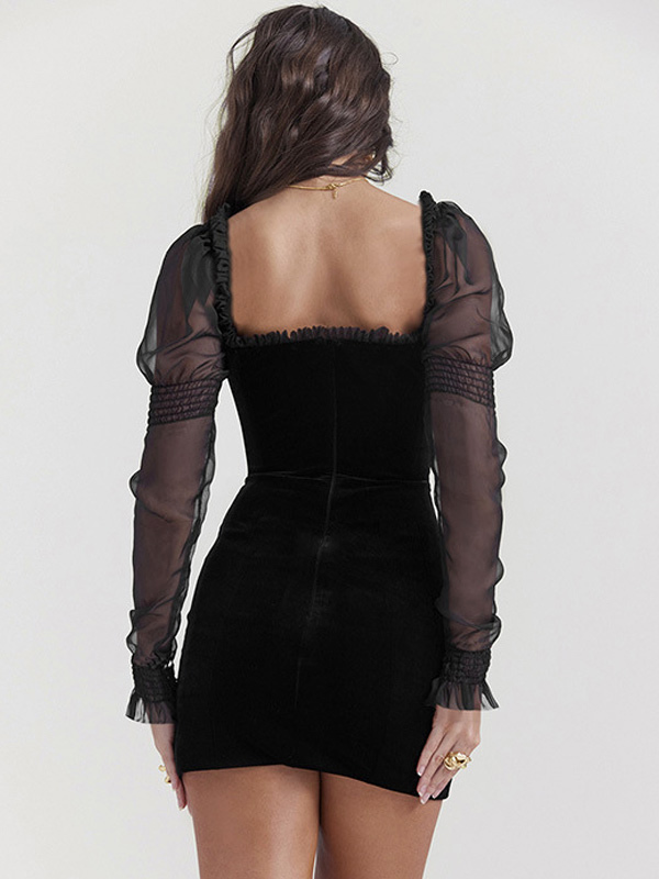 Sexy Black Dress Square Neck Ruffles Lace Up Backless Mini Dresses