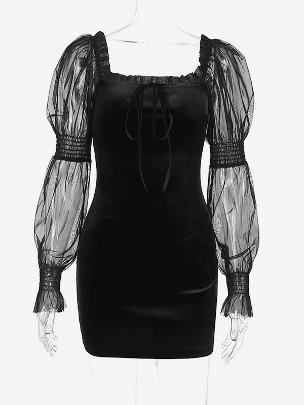 Sexy Black Dress Square Neck Ruffles Lace Up Backless Mini Dresses
