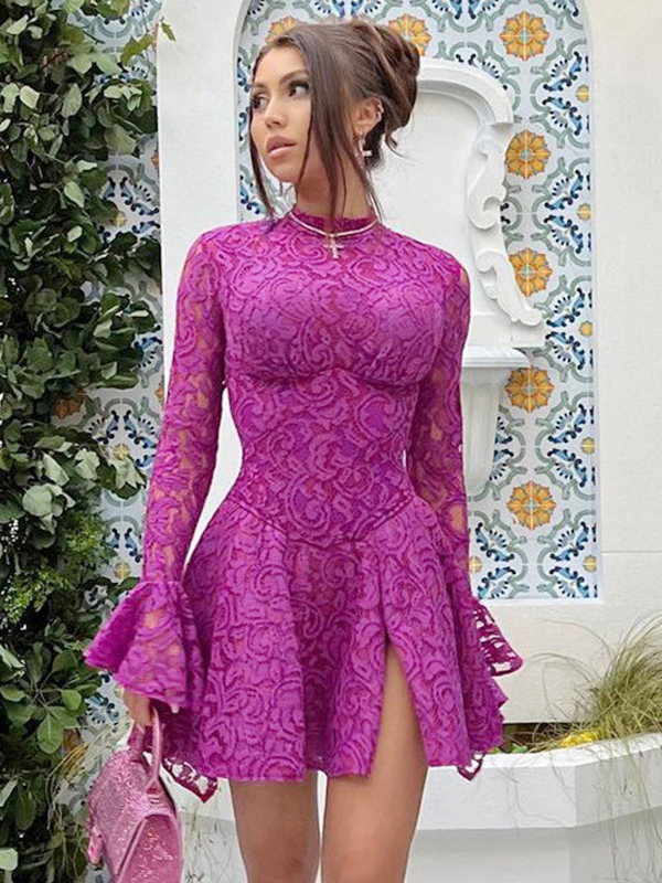 Purple Lace Dress Backless Lace Up Slit Ruffles Trim Dresses