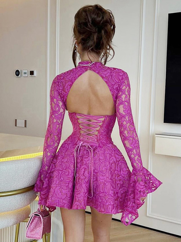 Purple Lace Dress Backless Lace Up Slit Ruffles Trim Dresses