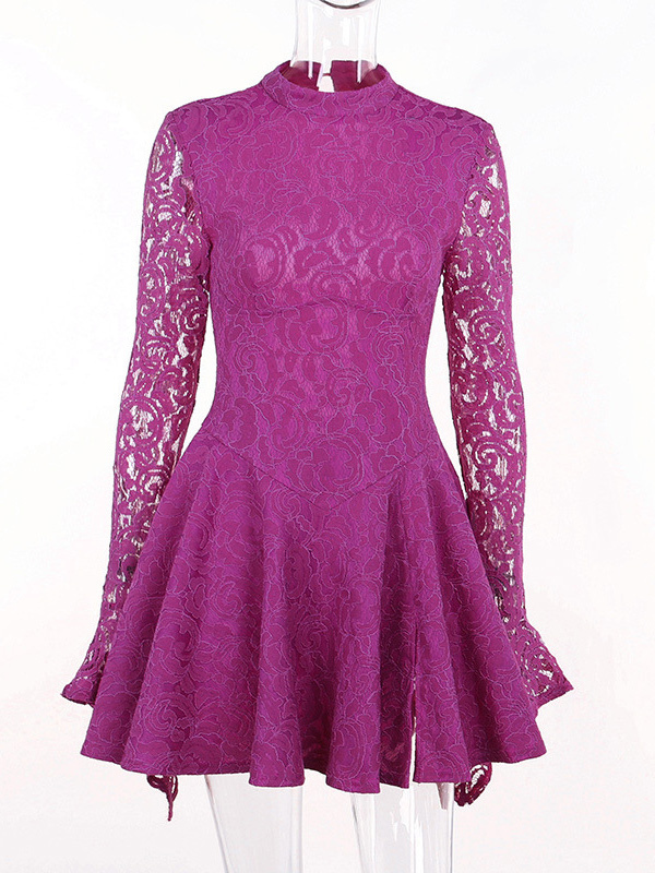Purple Lace Dress Backless Lace Up Slit Ruffles Trim Dresses