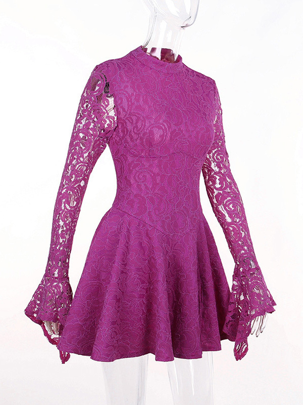 Purple Lace Dress Backless Lace Up Slit Ruffles Trim Dresses