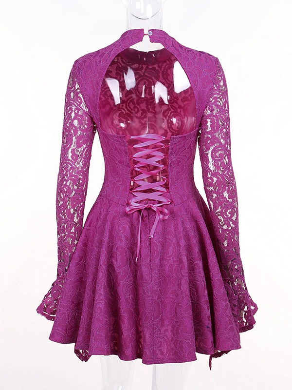 Purple Lace Dress Backless Lace Up Slit Ruffles Trim Dresses