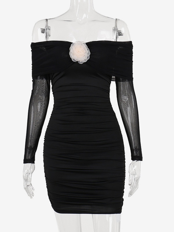 Off Shoulder Bodycon Dress 3D Flowers Sheer Mini Sheath Dresses