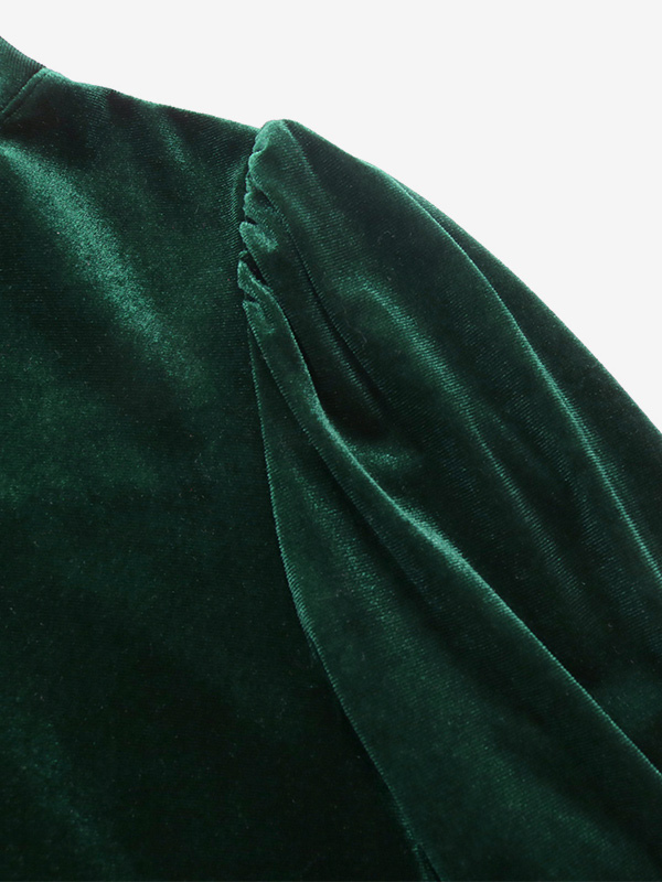 Velvet Dress Dark Green Layered Pleated Daily Casual Long Sleeves V-Neck Fall Midi Dress