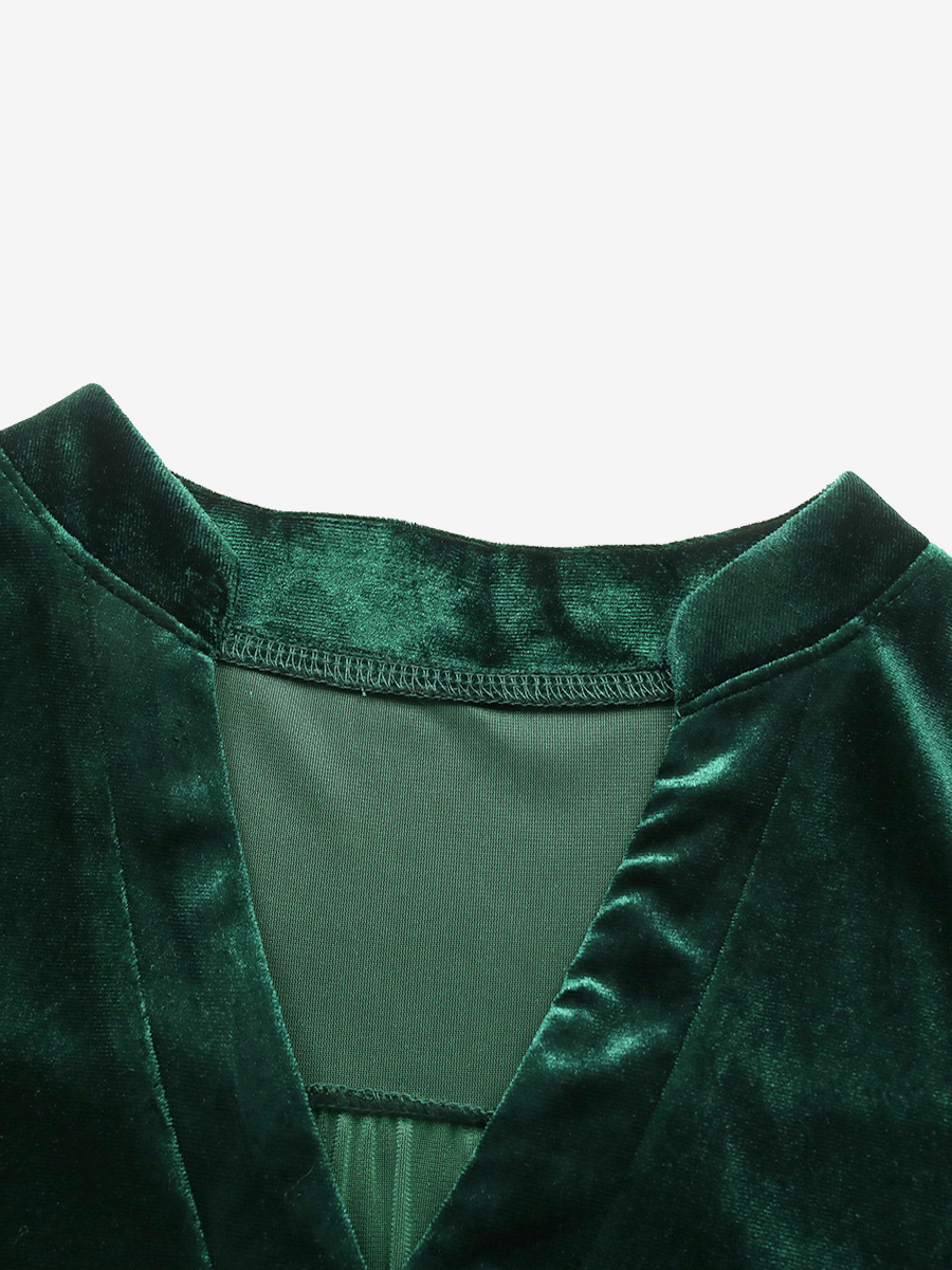 Velvet Dress Dark Green Layered Pleated Daily Casual Long Sleeves V-Neck Fall Midi Dress
