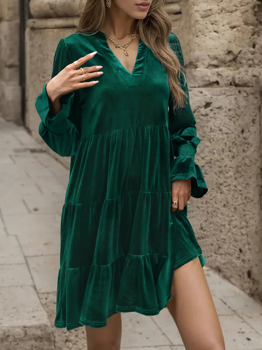 Velvet Dress Dark Green Layered Pleated Daily Casual Long Sleeves V-Ne