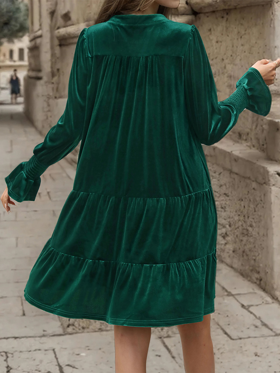 Velvet Dress Dark Green Layered Pleated Daily Casual Long Sleeves V-Neck Fall Midi Dress