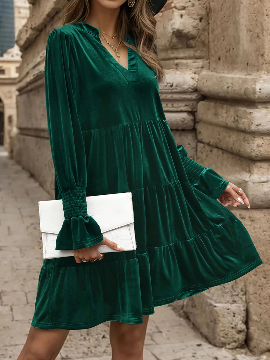 Velvet Dress Dark Green Layered Pleated Daily Casual Long Sleeves V-Neck Fall Midi Dress