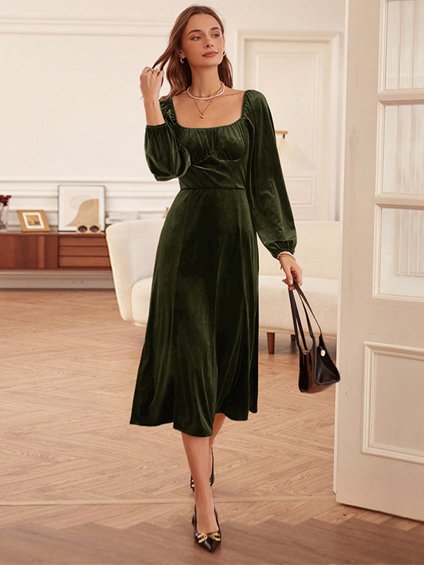 Velvet Dress Hunter Green Pleated U-Neck Long Sleeves Fall Chic Stretch Midi Dress