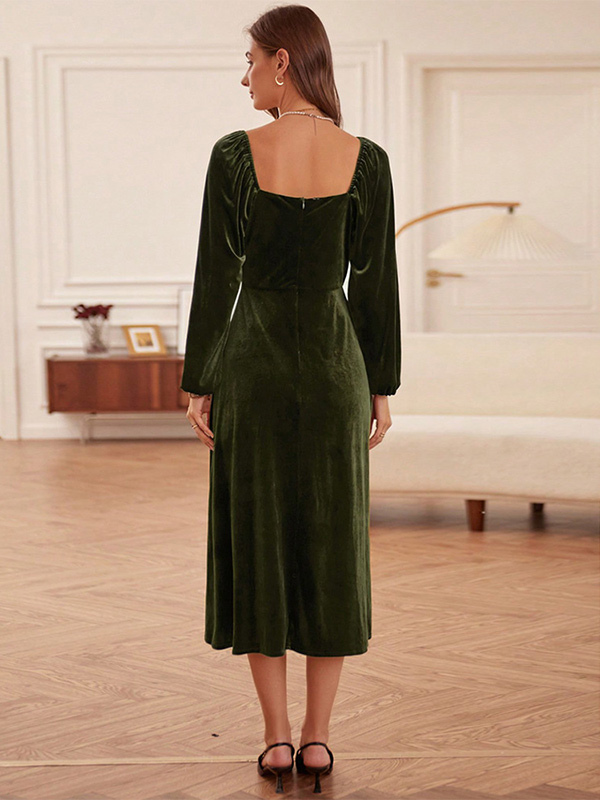 Velvet Dress Hunter Green Pleated U-Neck Long Sleeves Fall Chic Stretch Midi Dress