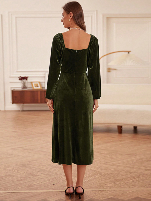 Velvet Dress Hunter Green Pleated U-Neck Long Sleeves Fall Chic Stretch Midi Dress