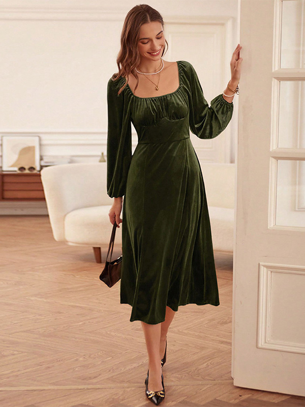 Velvet Dress Hunter Green Pleated U-Neck Long Sleeves Fall Chic Stretch Midi Dress