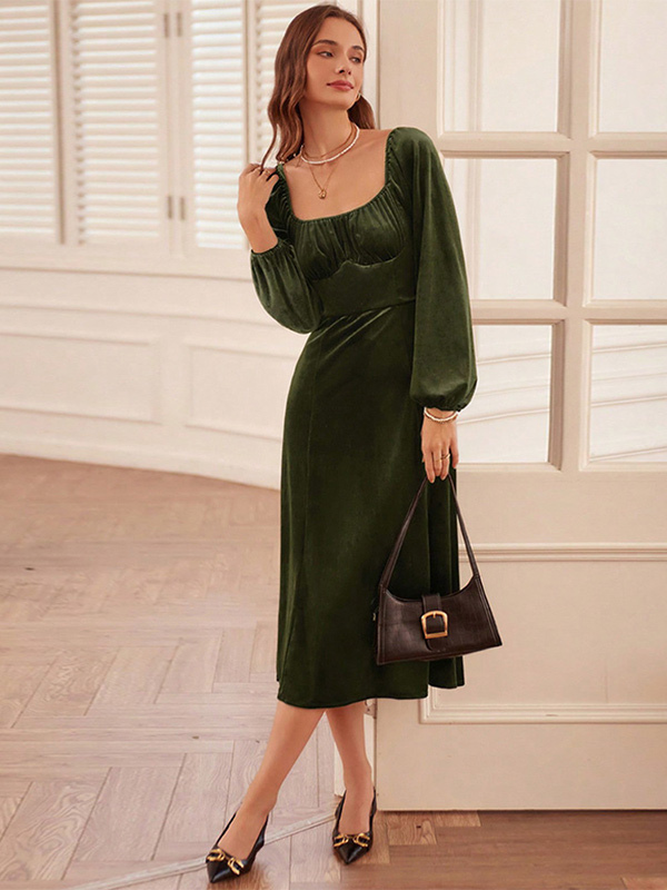 Velvet Dress Hunter Green Pleated U-Neck Long Sleeves Fall Chic Stretch Midi Dress