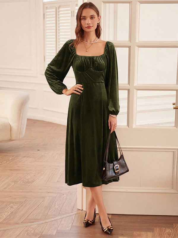 Velvet Dress Hunter Green Pleated U-Neck Long Sleeves Fall Chic Stretch Midi Dress